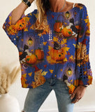 Fongt Summer And Autumn Four-Four Words Collared Linguum Bat Pumpkin Bat Halloween Print Long-Sleeved Lady Leisure