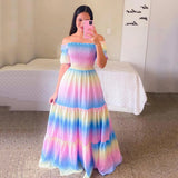Fongt New Spring And Summer Women's Dress A Word Broken Shoulder Long Printed Fairy
