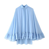 Fongt Blue Chiffon Half-High Collar Horn Sleeve Dress Loose Miniskirt