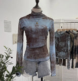 Fongt Shooting Denim Pattern Dye Printing Retro Babes Thin Mesh T-Shirt High-Necked Long Sleeve Bottom Shirt Top 9950