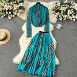 New Advanced Casual Women's Elastic Long Sleeve Pleated Top+High Waist Pleated Half Skirt Printed Skirt 2-piece Set-Outfit