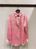 Fongt New Women's Autumn Printing Multi-Color Silk Sipping Long-Sleeved Collar Loose Shirt Top
