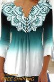 Floral Print Summer Blouse Women Elegant Simple Shirt V Neck Button 3/4 Length Sleeve Casual Holiday Basic Tops