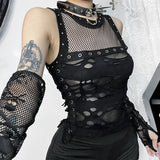 Summer New Sexy Micro-Transparent Hot Girl Blouse Dark Style Personality Trend Hole Fabric Vest Girl-Outfit
