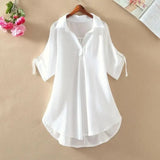 Summer New Fashion Solid Basics Loose Chiffon Blouses for Women Pullovers Polo Neck Short Sleeve Casual Commuter Shirts-Outfit