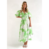 Fongt Summer Print V-Neck Sexy Bohemian Bubble Sleeve Holiday Beach Dress