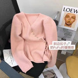 Oblique Button V-Neck Sweater Girls 2024 Spring New Design Super Good-Looking Loose Rope Knitted Cardigan-Outfit