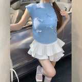 New Sweet Half-High Collar Slim Short Blouse Trend Sweet Wind Bow Small Flying Sleeve T-Shirt