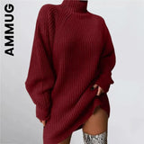 and Winter New Women's Knitwear Pullover Mid-length Raglan Sleeves Half Turtleneck Sweater Dress Loose and Soft-Outfit