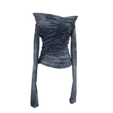 Real Shot Shoulder Tie-Dye Printing Mesh Hooded Design Long-Sleeved Irregular Folding Repair T-Shirt