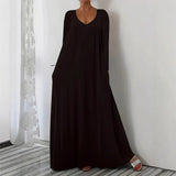 Fongt New Long Dress Casual Loose Short Sleeve Pure Color V Collar Body Size Dress