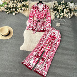 Fongt Fashion Positioning Print Strapping Belt Collar Long Sleeve Top Female High-Waist Broad Leg Straight Trousers Set