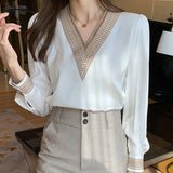 Spring Office Lady Long Sleeve Blouse Fashion Solid V Neck Chiffon Blouses Women Tops Plus Size Clothing Loose Blusas