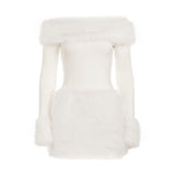 Fongt Hexing Autumn And Winter Snow White Christmas Hair Splicing A Word Shoulder Repair Knitted Dress