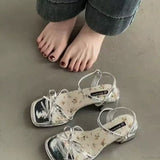 Fongt Water Drill Thick Heel Sandals Women 2025 Summer New Heel With Skirts Plus-Size High-Heeled Fashion Sandals