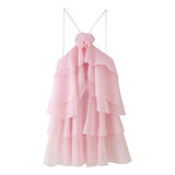 Fongt Summer New Women's Temperament Three-Dimensional Flower Decoration Cascade Lotus Leaf Side Hanging Neck Dress