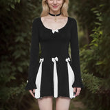 Black Long Sleeve Bow Splice Folds Mini Dress-Outfit