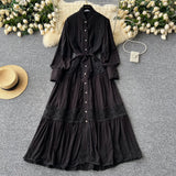 Fongt High-End Retro Lace Splicing Pearl Single Buckle Thin Temperament Collar Lantern Sleeve Dress
