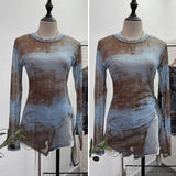 Fongt Tie-Dye-Print Net Yarn Jersey Long-Sleeved Top Irregularly T-Shirt With Thin Short T-Shirt 1919