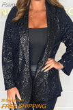 Women Fashion Glitter Sequin Shiny Party Tops Elegant Turn-down Collar Outerwear Coat Ladies Casual Long Sleeve Tops