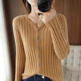 Fongt Long Sleeve Spring And Autumn New Round Collar Cardigan Women's Jacket Slim Soft Waxy Bottom Coat Thin Sweater-Outfit