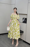 Fongt 2025 New French Holiday Collar Shoulder Short Sleeves To Show Thin Flowers Long Orange Truss Dress