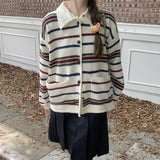 Fongt 2024 South Korean Autumn And Winter New Loose Lazy Wind Lapel Shows Thin Knit Cardigan Striped Coat Jacket Female-Outfit
