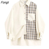 New Spring Women blouses Korean Fashion style Simply Corduroy Long sleeve Tops Patchwork plaid Loose Casual female