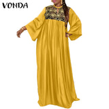 Women Kaftan Dress 2022 VONDA Vintage Long Sleeve Embroidery Mesh Dress Autumn Robes Longues Oversized Robe
