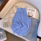 Fongt Ice Silk Knitted Sling Vest Women's Summer French Sweet Spicy Wind Hollow Hanging Neck Short Sleeveless Cut Shoulder Coat