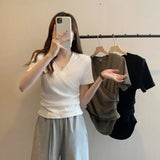 Fongt V-Neck Short-Sleeved T-Shirt Women 2024 Summer New Design Sense Slim Slim Short Students Slim Jacket