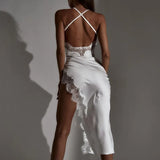 Satin Solid Halter Bandage Backless Lace Sexy Irregular Maxi Dress Spring Sexy Evening Party Elegant Robe-Outfit