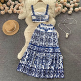Fongt And White Porcelain Printing Set Of Women In Summer Pure Desire To Bare Belt Slings Small Vest + High Waist Mid-Dress Skirt