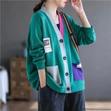V-Neck Cardigan Stylish Streetwear Single-breasted Casual Solid Color Patchwork Contrasting Colors Autumn Winter Sweaters-Outfit