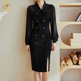 New Fashion Designer Navy Blue Bow Tie Tweed Dress Spring Women Long Sleeve Double Breasted Vintage Woolen Dress