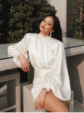 Ruched Satin Dress Women White Latern Sleeves Sexy Party Dress Autumn Night Club Mini Dresses 2023 Vestdios-Outfit