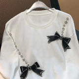 Clothing Fashion Bow Diamonds Pullovers Spring Autumn Casual Long Sleeve Korean Solid Color Loose Round Neck Sweatshirts-Outfit