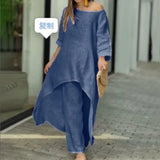 Fongt New Women's Cotton And Cotton Fashion Casual Large Code Irregular Long-Sleeved Set Of Wide Leg Pants Two Sets