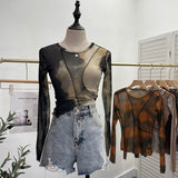 Fongt Sun Dyed Elastic Mesh Yarn T-Shirt Stacked With Long-Sleeved Top Press Line T-Shirt 8980