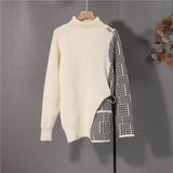 New 2021 Women Autumn Winter Sweaters Checkered Patchwork Elegant Lace Up Turtleneck Fashionable Retro Tops