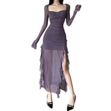 Fongt Temperament Flounce Square Collar Slit Dress Female Solid Color Long Sleeve Strap Wrap Buttock Long Skirt-Outfit