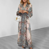 Fongt Dress Women's New Elegant Temperament V-Neck Fashion Print Long-Sleeved Dress