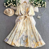 Fongt Retro-Print Collar Bubble-Sleeved Dress Women's Summer Straps To The Waists To Show A Thin Swollen Dress