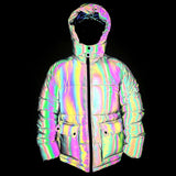 Three-Dimensional Pocket Dazzling Color Reflective Cotton Coat Rainbow Color Luminous Hooded Padded Jacket Large Size Cotton-Padded Jacket-Outfit