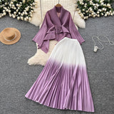 Fongt Wrinkled Butterfly Sleeve Gradient With Shawl Short Coat Top + Gradient 100 Folded Skirt Two-Piece Suit