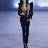 QUALITY 2023 Newest Fashion Show Designer Jacket Women's Stylish Peak Shoulder Strass Diamonds Beaded