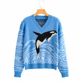 Knitted Dolphin Print Women Sweater V-neck Long Sleeve Sweet Female Sweaters 2021 Winter New Pullovers Ladies