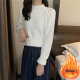 Thicken Plus Velvet Knitted Sweater Women's Slim Warm Plush Lined Knit Tops Korean Basic Knitwear Jumper Casual