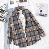 New Women Vintage Flannel Plaid Shirt Pockets Full Sleeve Turn Down Collar Loose Blouse Spring Female Casual Basic