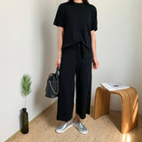 Stylish Short Sleeve Knit Suit Womens Casual Solid Split Fork Knitted T-Shirt +Cropped Wide-Leg Pants Sports Two Piece